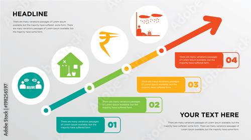 believe, house cleaning, rupees, survival growing horizontal presentation design template in green, red and yellow, grow up business infographics with icons
