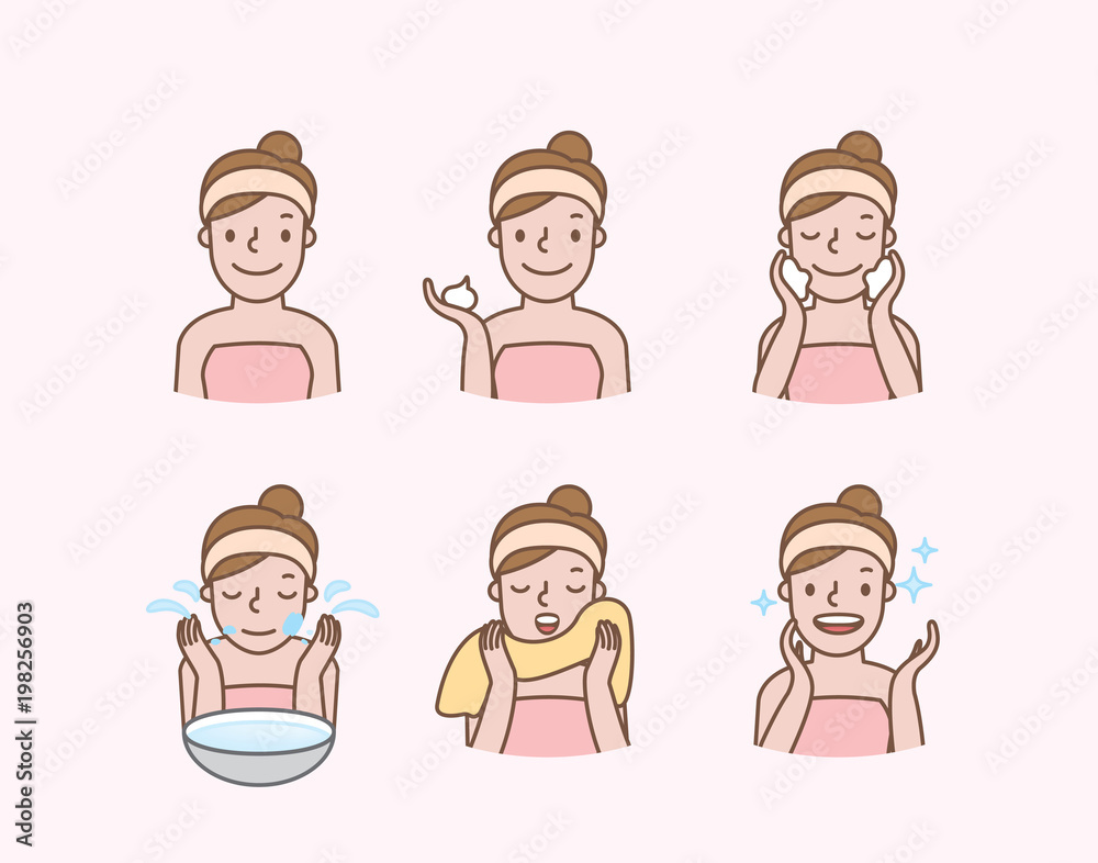 Step of Washing face illustration vector on pink background. Beauty concept. Step of Washing face illustration vector on pink background. Beauty concept.