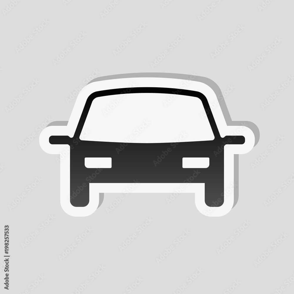 car icon. Sticker style with white border and simple shadow on gray background