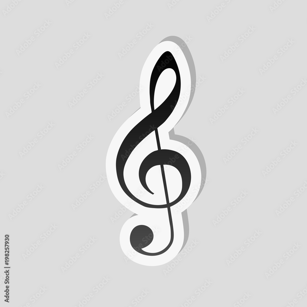 Simple icon of treble key. Sticker style with white border and simple shadow on gray background Simple icon of treble key. Sticker style with white border and simple shadow on gray background