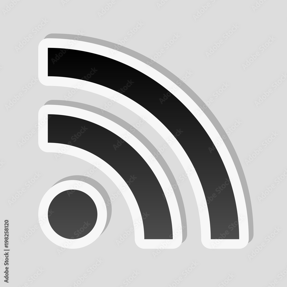 RSS icon. Sticker style with white border and simple shadow on gray background RSS icon. Sticker style with white border and simple shadow on gray background