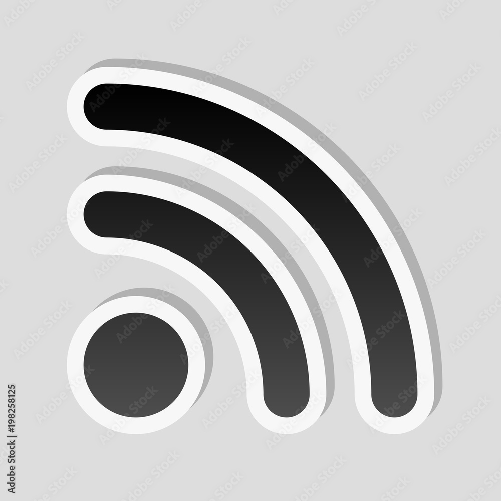 RSS icon. Sticker style with white border and simple shadow on gray background RSS icon. Sticker style with white border and simple shadow on gray background