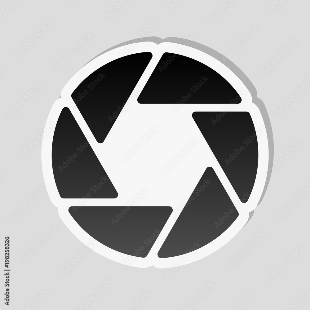 camera objective. simple silhouette. Sticker style with white border and simple shadow on gray background camera objective. simple silhouette. Sticker style with white border and simple shadow on gray background