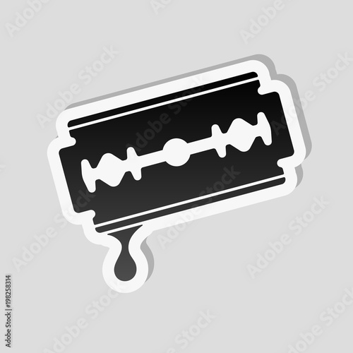 blade with drop of blood. simple silhouette. Sticker style with white border and simple shadow on gray background
