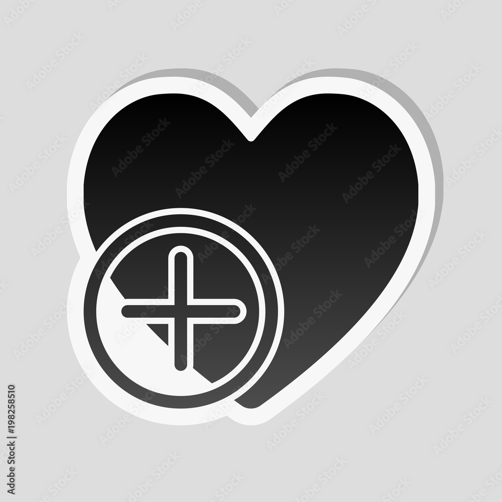 heart and plus. simple silhouette. Sticker style with white border and simple shadow on gray background heart and plus. simple silhouette. Sticker style with white border and simple shadow on gray background