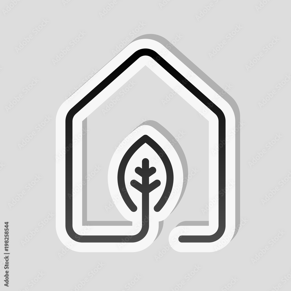house with eco leaf icon. line style. Sticker style with white border and simple shadow on gray background house with eco leaf icon. line style. Sticker style with white border and simple shadow on gray background