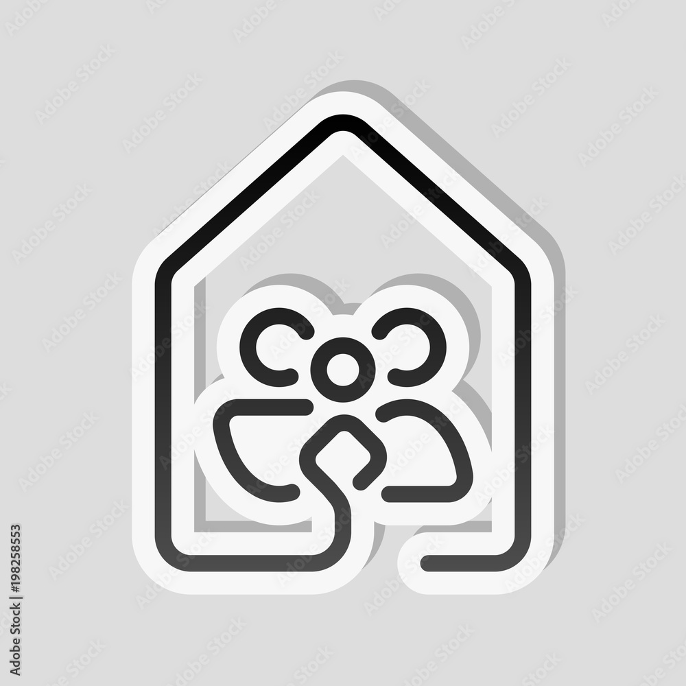 house with family icon. line style. Sticker style with white border and simple shadow on gray background