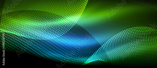 Glowing abstract wave on dark, shiny motion, magic space light. Techno abstract background