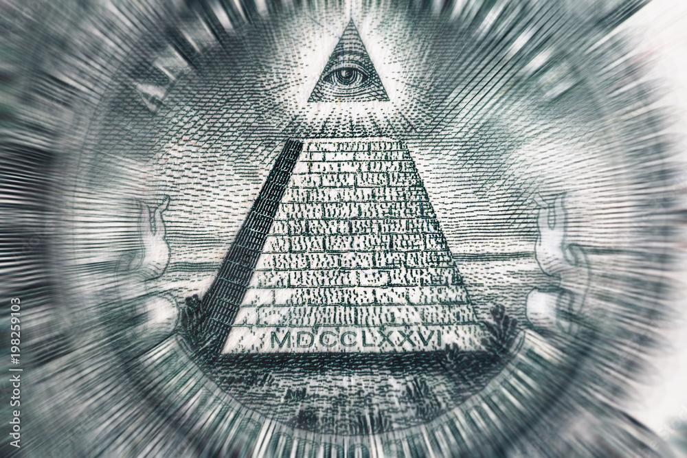 Naklejka premium Conspiracy theory concept. All Seeing Eye and Pyramid on USA dollar banknote, macro photo