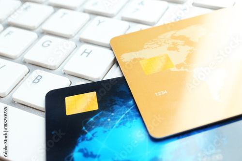Credit cards on keyboard, c...