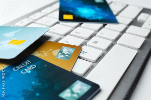 Credit cards on keyboard, c...