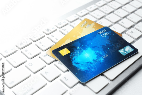 Credit cards on keyboard, c...