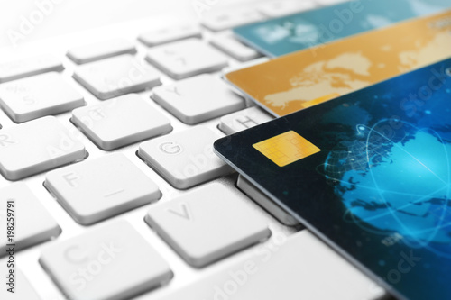 Credit cards on keyboard, c...
