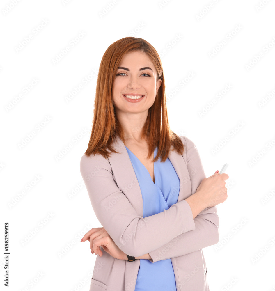 Beautiful young teacher with chalk on white background Beautiful young teacher with chalk on white background