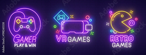 Big set neon sing. Game room label and logo. Gamer banner, logo, emblem and label. Bright signboard, light banner. Vector illustration