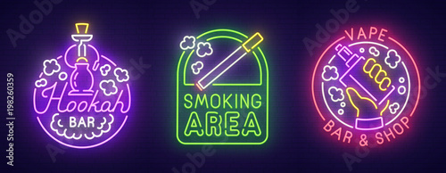 Big set neon sing. Smoke, Vape and Hookah bar . Smoking banner, logo, emblem and label. Bright signboard, light banner. Vector illustration