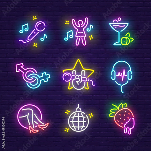 Big set icon. Isolated icon neon style. Theme night club, disco and karaoke.  Logo, emblem and label. Line icons colorful. Vector illustration.