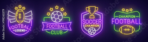 Big set neon sing. Soccer label and logo. American football banner, logo, emblem and label. Bright signboard, light banner. Vector illustration