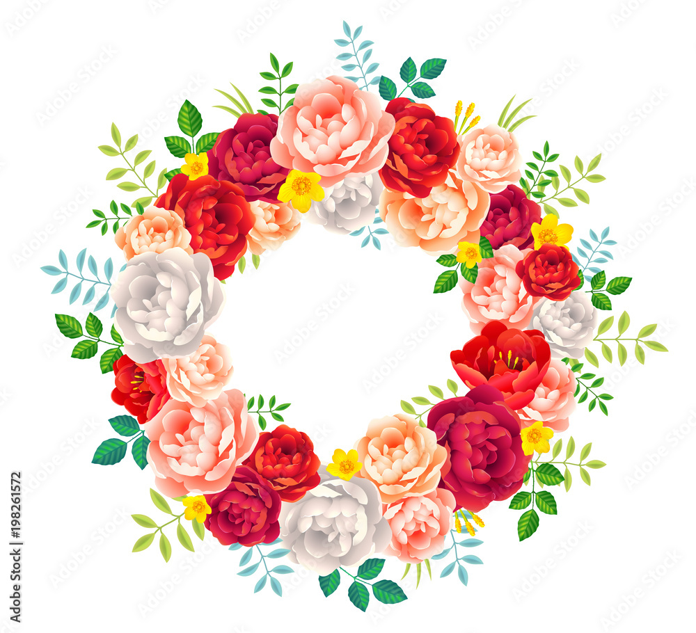 Bright colors red, purple, pink and white peonies vector summer wreath on white background