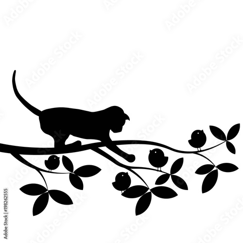 Vector silhouette of a cat on the tree catching the bird