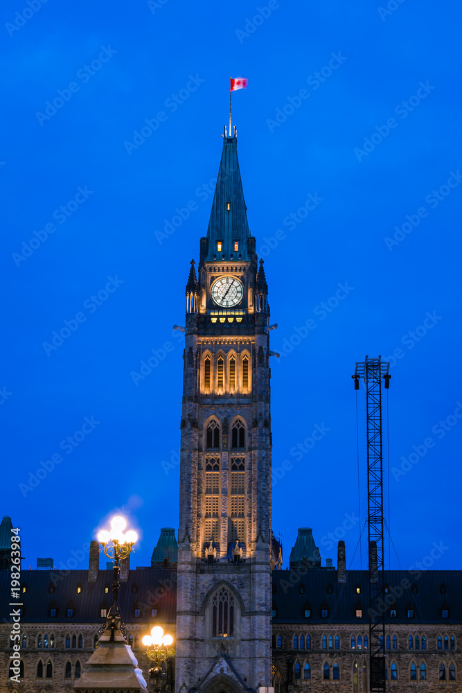 View of Peace Tower at Parliament complex Ottawa, Canada