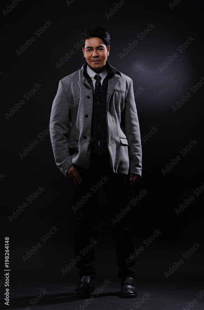 Full Length Snap Figure, Business Man Stand in gray coat white shirt black pants, Full Length Snap Figure, Business Man Stand in gray coat white shirt black pants,