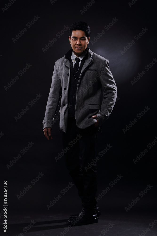 Full Length Snap Figure, Business Man Stand in gray coat white shirt black pants, Full Length Snap Figure, Business Man Stand in gray coat white shirt black pants,