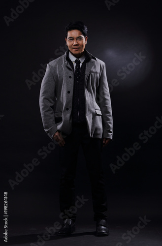 Full Length Snap Figure, Business Man Stand in gray coat white shirt black pants,