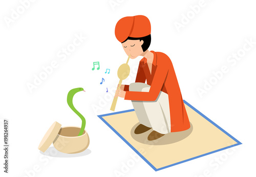 Snake charmer and cobra in flat vector design