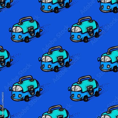 School bus and bag seamless pattern. Original design for print or digital media.