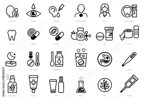 Various types of drugs sold in general drugstores Icons set. Element of Pharmacy ideal concept.