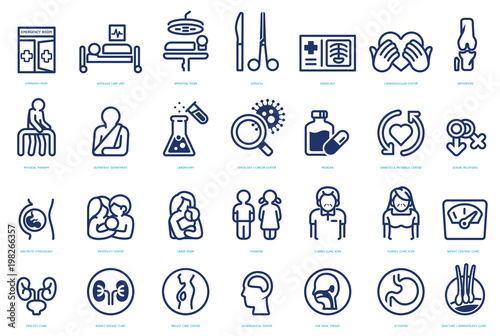 Various agencies within the hospital icon set. Symbols of medical organization. Each type of doctor.