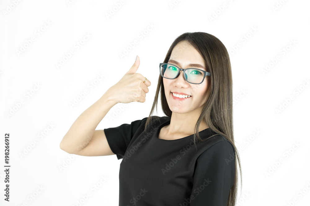 Smiling asian young business woman with thumb up isolated on white background. Smiling asian young business woman with thumb up isolated on white background.