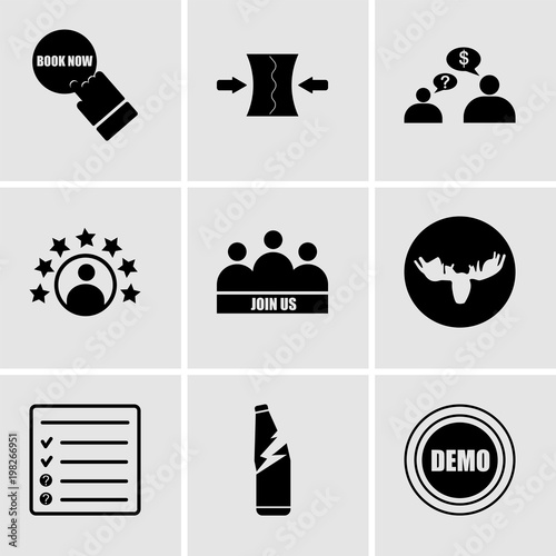 Set Of 9 simple editable icons such as demo, broken glass, inquiry, moose, join us, customer experience, request a quote, elastic, book now, can be used for mobile, web UI