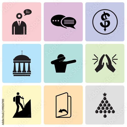 Set Of 9 simple editable icons such as christmas bulb, page turn, hiker, folded hands, dab, municipal, cost uction, discussion board, advisor, can be used for mobile, web UI