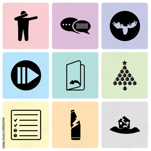 Set Of 9 simple editable icons such as earthquake, broken glass, inquiry, christmas bulb, page turn, next steps, moose, discussion board, dab, can be used for mobile, web UI