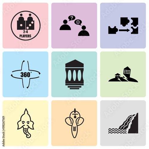 Set Of 9 simple editable icons such as waterfall, ganesh, ganesh, earthquake, municipality, 360 degree, adaptability, discussion board, number of players, can be used for mobile, web UI