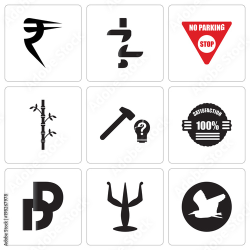 Set Of 9 simple editable icons such as heron, psi, double d, 100% satisfaction, problem solving, bamboo, no parking, jz, rupees, can be used for mobile, web UI