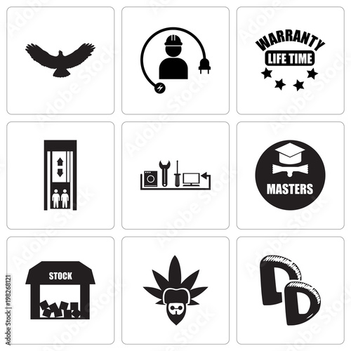 Set Of 9 simple editable icons such as double d, rastaman, free stock,, masters degree, appliance repair, elevator, lifetime warranty, electrical contractor, hawk, can be used for mobile, web UI