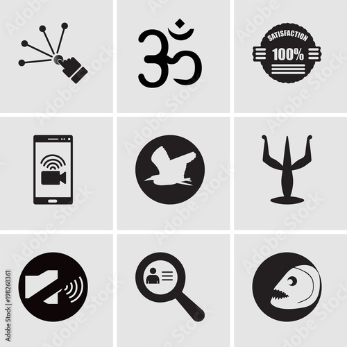Set Of 9 simple editable icons such as piranha, identify, coordination, psi, heron, video chat, 100% satisfaction, aum, reach, can be used for mobile, web UI