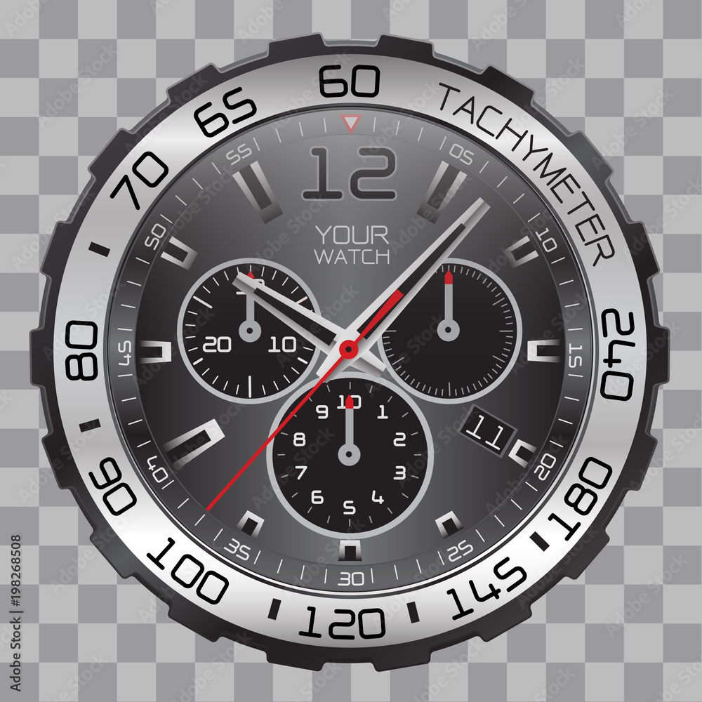 Realistic watch clock chronograph face stainless steel black dial on checkered pattern background vector illustration. Realistic watch clock chronograph face stainless steel black dial on checkered pattern background vector illustration.