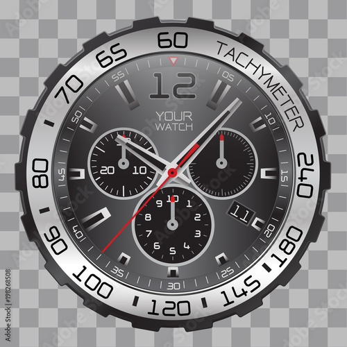 Realistic watch clock chronograph face stainless steel black dial on checkered pattern background vector illustration.