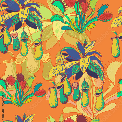 Seamless hand dravn vintage pattern with carnivorus plants, nepenthes and venus flytrap photo