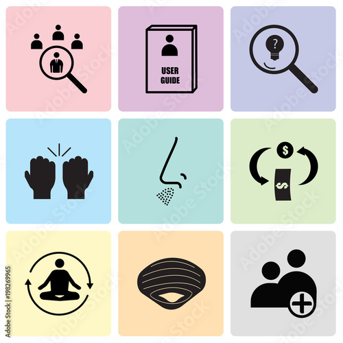 Set Of 9 simple editable icons such as new employee, clam, peace of mind, cashback, odor, high five, curiosity, user guide, lead generation, can be used for mobile, web UI
