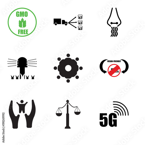 Set Of 9 simple editable icons such as 5g, advocacy, baby safe i, vegan friendly, fellowship, sprinkler, odor, distributor, gmo free, can be used for mobile, web UI
