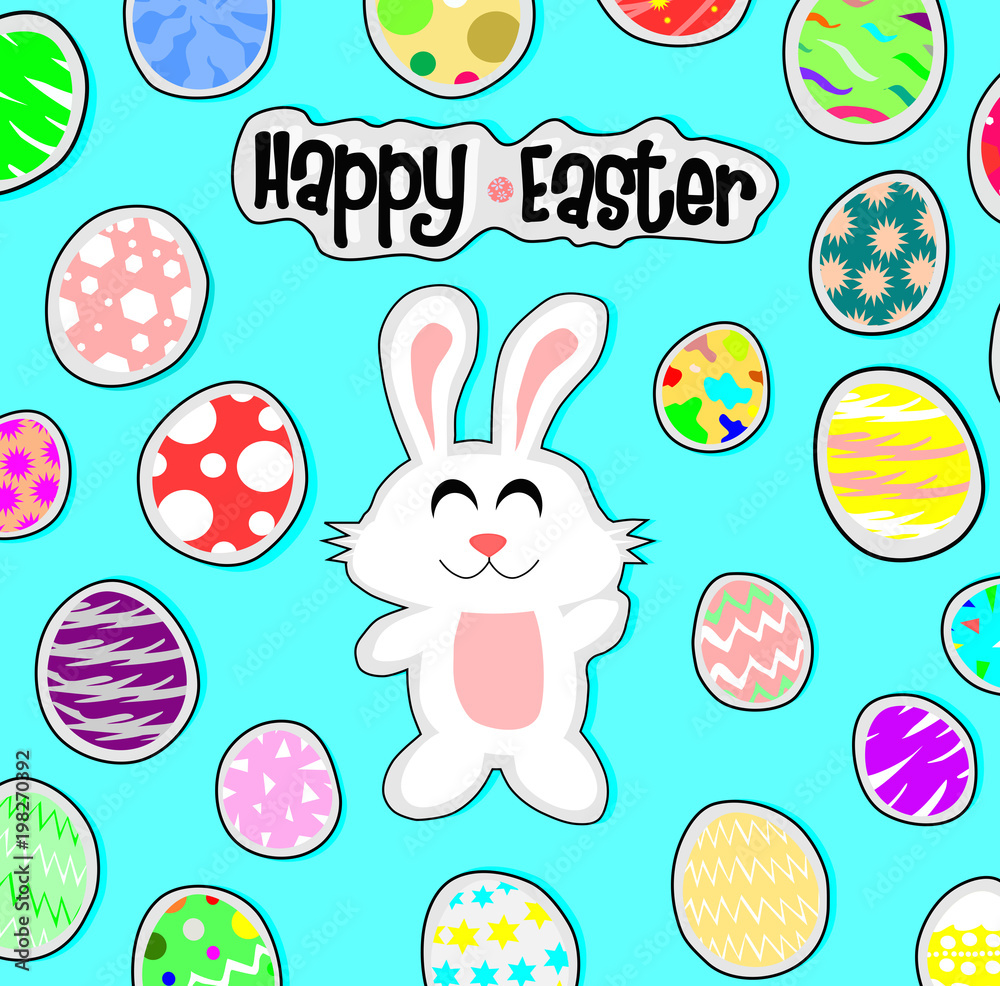 white rabbit and egg on blue back ground,Happy easter concept,Holidays vector.