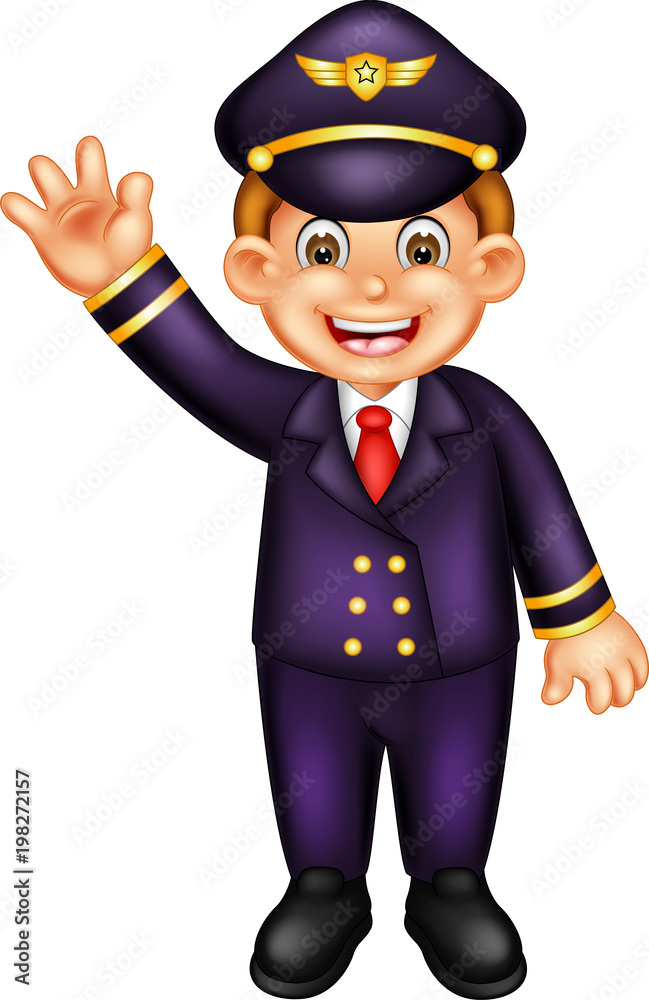 funny pilot cartoon standing with smile and waving