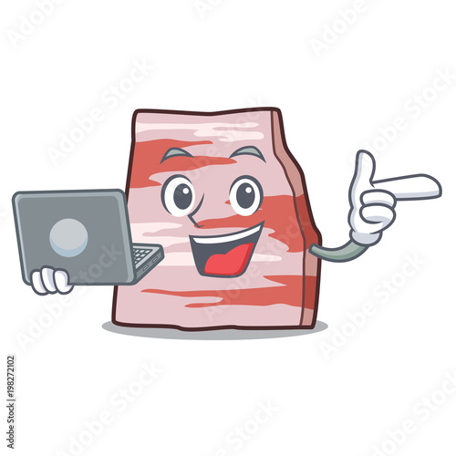 With laptop pork lard character cartoon