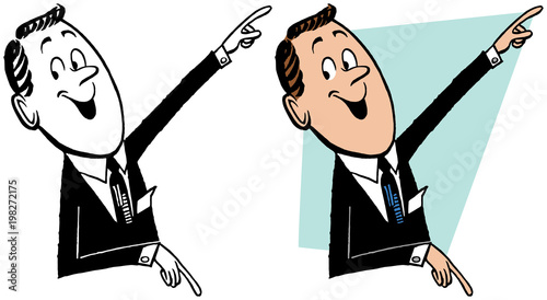 A businessman pointing in two different directions.