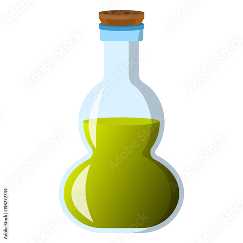 Flask and bottle icon. Label of fantasy potion and elixir. Cartoon style. Vector illustration logo